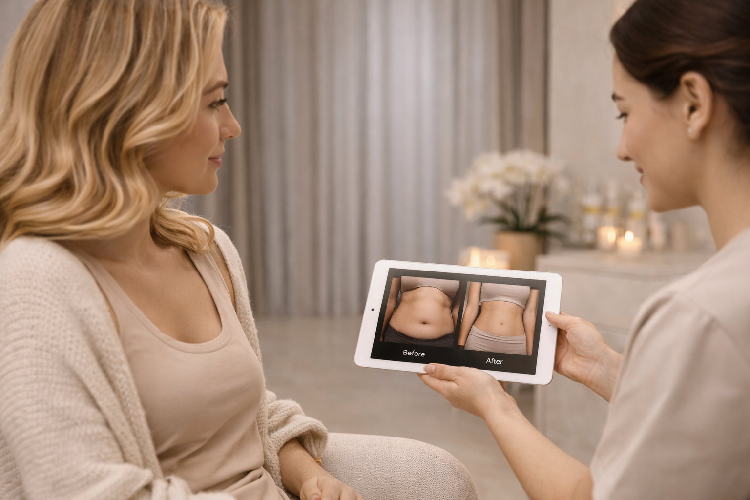A calm, private consultation room with a comfortable chair and soft lighting.